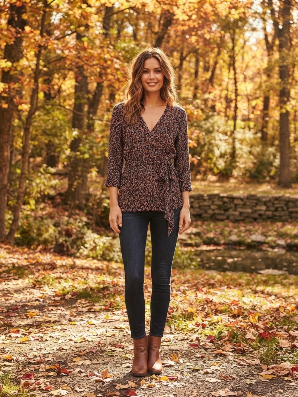 Free People Floral Wrap Blouse in Brown and Black